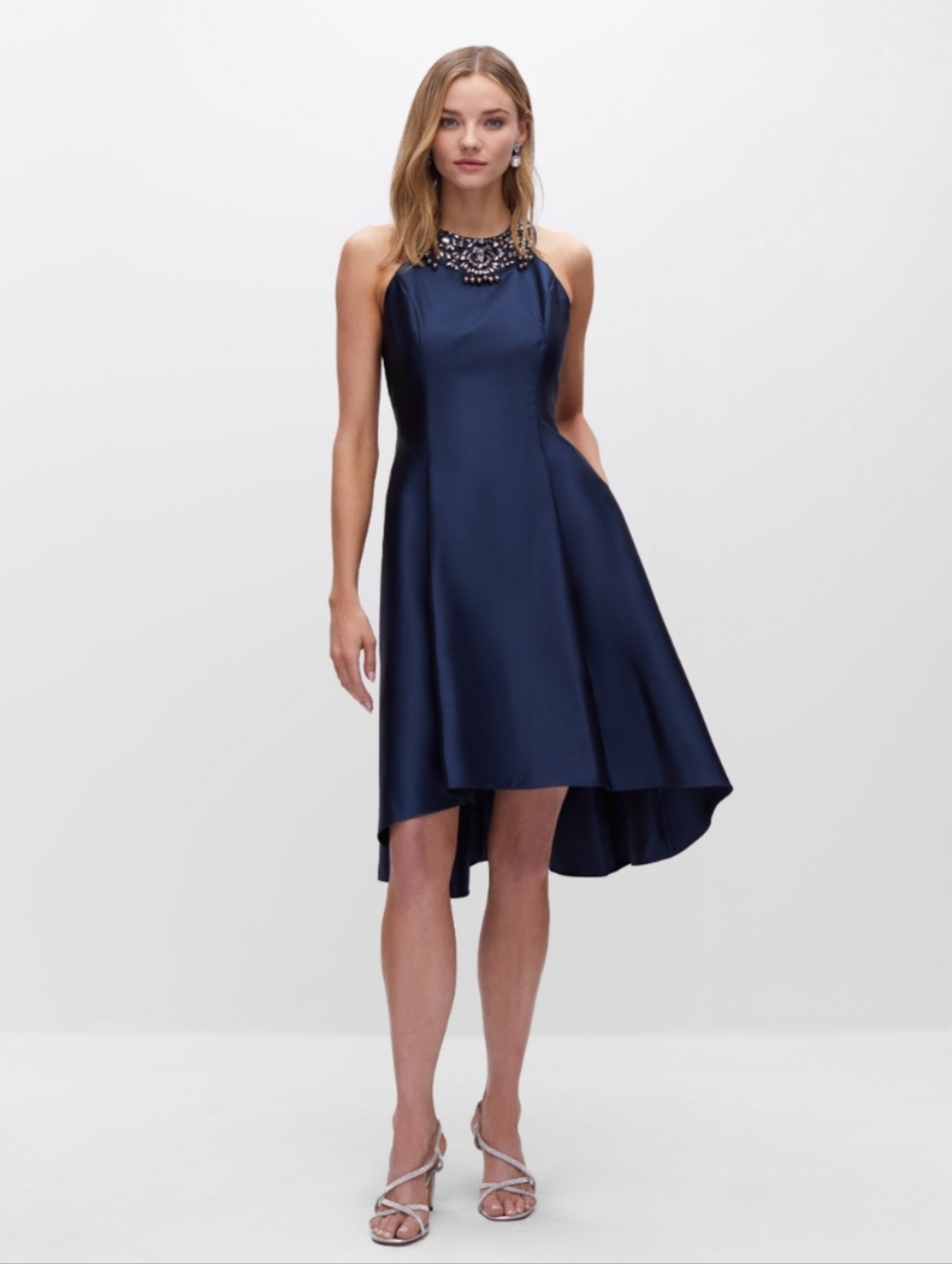 🆕 Adrianna Papell - Jewel Neck (Rhinestone) Midnight Blue Halter Flare Dress